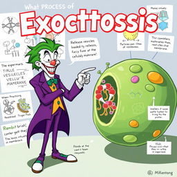 A vibrant and engaging illustration of the process of exocytosis, featuring the Joker comically explaining the concept