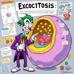 A vibrant and engaging illustration of the process of exocytosis, featuring the Joker comically explaining the concept