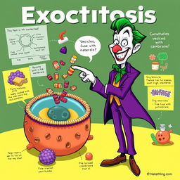 A vibrant and engaging illustration of the process of exocytosis, featuring the Joker comically explaining the concept