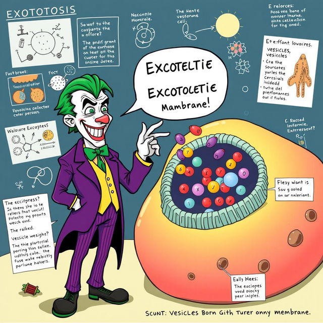 A vibrant and engaging illustration of the process of exocytosis, featuring the Joker comically explaining the concept