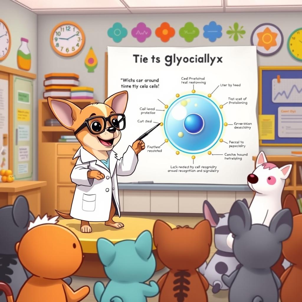 A lively Chihuahua standing on a small stage in a colorful science classroom, animatedly explaining the function of the glycocalyx to an audience of cute cartoon animals