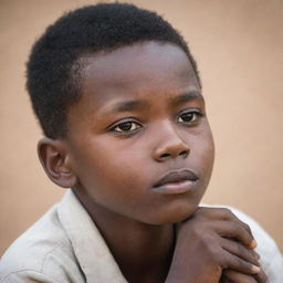 A thoughtful African boy, lost in deep contemplation, his eyes gazing into the distance.