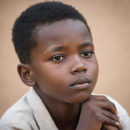 A thoughtful African boy, lost in deep contemplation, his eyes gazing into the distance.