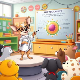 A lively Chihuahua standing on a small stage in a colorful science classroom, animatedly explaining the function of the glycocalyx to an audience of cute cartoon animals