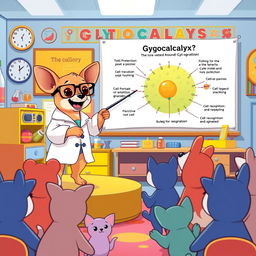 A lively Chihuahua standing on a small stage in a colorful science classroom, animatedly explaining the function of the glycocalyx to an audience of cute cartoon animals