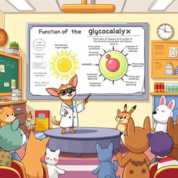 A lively Chihuahua standing on a small stage in a colorful science classroom, animatedly explaining the function of the glycocalyx to an audience of cute cartoon animals