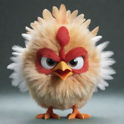 Transform the image of the angry chicken into a remarkably cute one, with wide, sparkling eyes, soft, fluffy feathers, and a small, gentle smile.