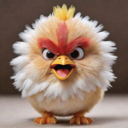 Transform the image of the angry chicken into a remarkably cute one, with wide, sparkling eyes, soft, fluffy feathers, and a small, gentle smile.