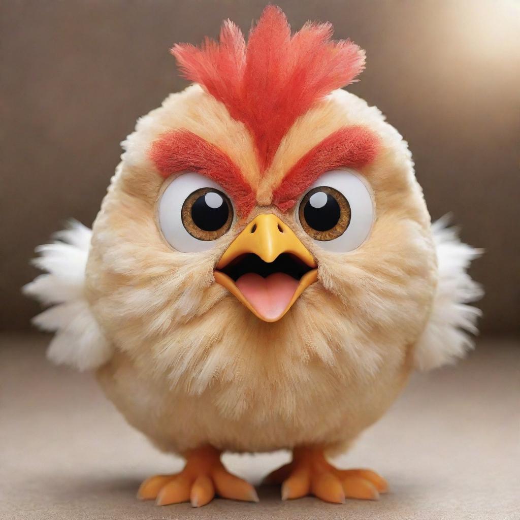 Transform the image of the angry chicken into a remarkably cute one, with wide, sparkling eyes, soft, fluffy feathers, and a small, gentle smile.