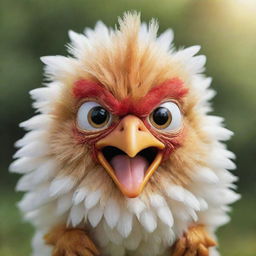 Transform the image of the angry chicken into a remarkably cute one, with wide, sparkling eyes, soft, fluffy feathers, and a small, gentle smile.