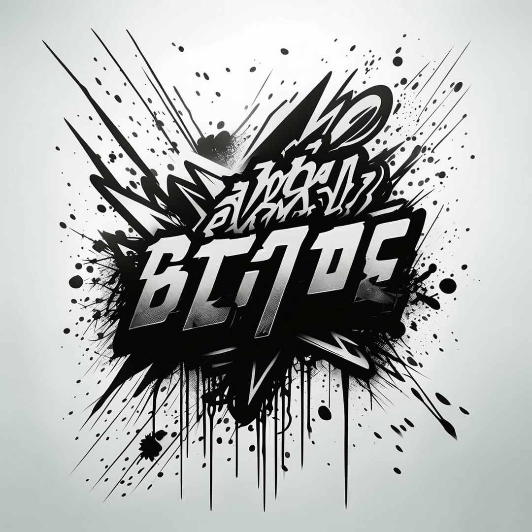 Minimalist black and white graffiti-style concept art for a rap album. The album title forms a large, stylized graffiti tag filled with intricate patterns and textures. The artist's name is written in smaller graffiti lettering beneath. Small abstract graffiti elements - splatters, drips, streaks - add spontaneity and rawness.