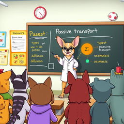 A lively Chihuahua standing at a chalkboard in a colorful classroom, enthusiastically explaining passive transport to a group of curious cartoon animal students