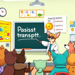 A lively Chihuahua standing at a chalkboard in a colorful classroom, enthusiastically explaining passive transport to a group of curious cartoon animal students