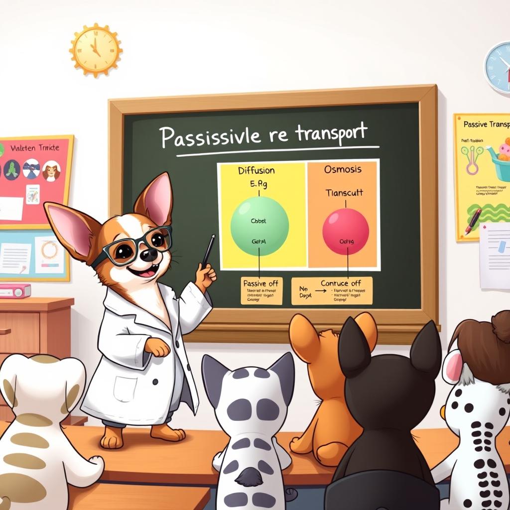 A lively Chihuahua standing at a chalkboard in a colorful classroom, enthusiastically explaining passive transport to a group of curious cartoon animal students