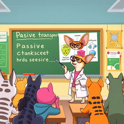 A lively Chihuahua standing at a chalkboard in a colorful classroom, enthusiastically explaining passive transport to a group of curious cartoon animal students