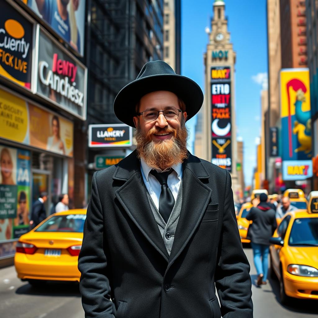 A Jewish man confidently walks down a bustling New York street, wearing a black hat and a traditional long coat