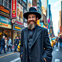 A Jewish man confidently walks down a bustling New York street, wearing a black hat and a traditional long coat