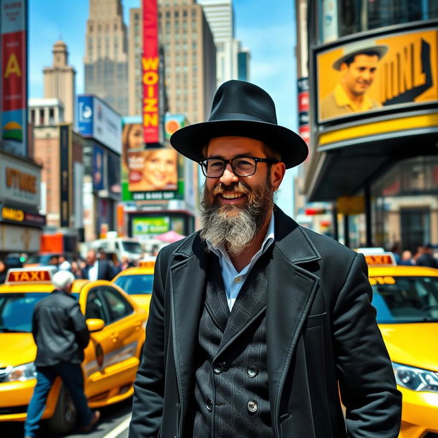 A Jewish man confidently walks down a bustling New York street, wearing a black hat and a traditional long coat