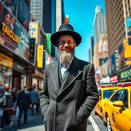 A Jewish man confidently walks down a bustling New York street, wearing a black hat and a traditional long coat