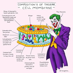 A detailed and informative illustration of the composition of the cell membrane, featuring the Joker playfully teaching about it