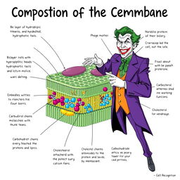 A detailed and informative illustration of the composition of the cell membrane, featuring the Joker playfully teaching about it