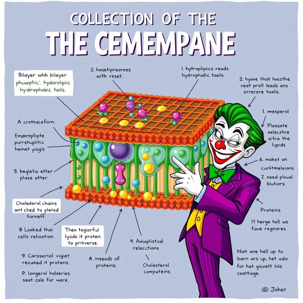 A detailed and informative illustration of the composition of the cell membrane, featuring the Joker playfully teaching about it