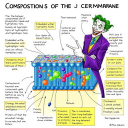 A detailed and informative illustration of the composition of the cell membrane, featuring the Joker playfully teaching about it