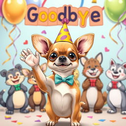 A cute Chihuahua standing at a colorful farewell party, waving its paw goodbye to a group of cheerful cartoon animal friends