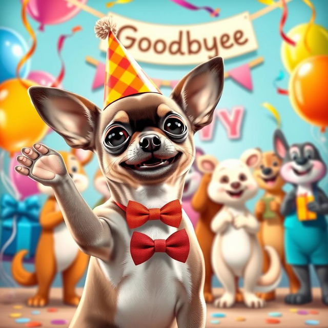 A cute Chihuahua standing at a colorful farewell party, waving its paw goodbye to a group of cheerful cartoon animal friends