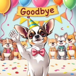 A cute Chihuahua standing at a colorful farewell party, waving its paw goodbye to a group of cheerful cartoon animal friends