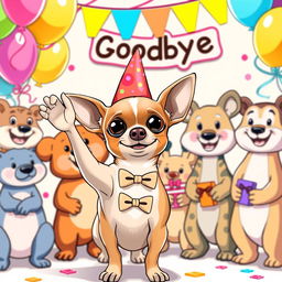 A cute Chihuahua standing at a colorful farewell party, waving its paw goodbye to a group of cheerful cartoon animal friends