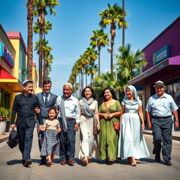 A Jewish family walking together down a vibrant Los Angeles street, wearing traditional attire such as kippahs and long skirts