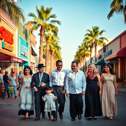 A Jewish family walking together down a vibrant Los Angeles street, wearing traditional attire such as kippahs and long skirts