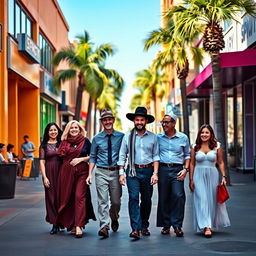 A Jewish family walking together down a vibrant Los Angeles street, wearing traditional attire such as kippahs and long skirts