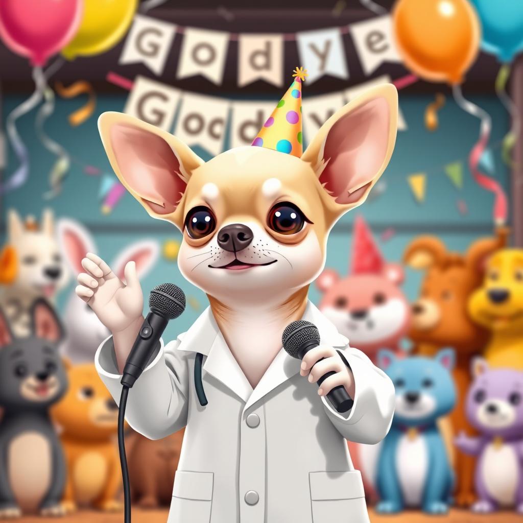 A charming Chihuahua wearing a lab coat, standing at a farewell party, with a tiny party hat on its head