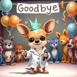 A charming Chihuahua wearing a lab coat, standing at a farewell party, with a tiny party hat on its head