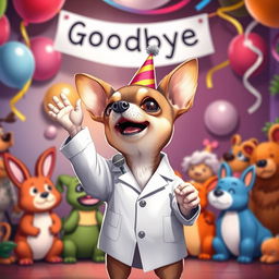 A charming Chihuahua wearing a lab coat, standing at a farewell party, with a tiny party hat on its head