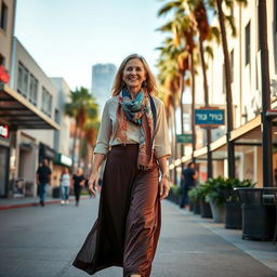 A Jewish woman walking gracefully down a lively Los Angeles street, dressed in elegant traditional attire, including a modest blouse and long skirt, complemented by a colorful scarf