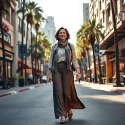 A Jewish woman walking gracefully down a lively Los Angeles street, dressed in elegant traditional attire, including a modest blouse and long skirt, complemented by a colorful scarf