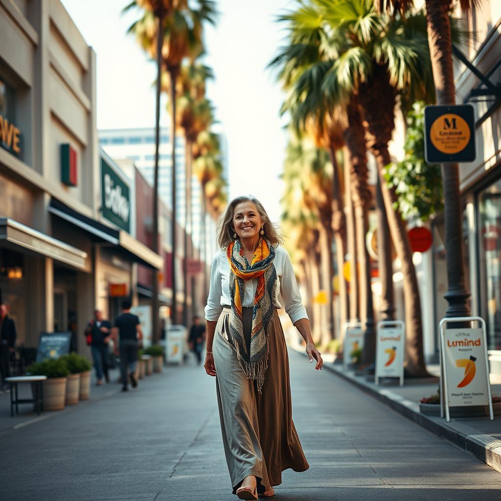 A Jewish woman walking gracefully down a lively Los Angeles street, dressed in elegant traditional attire, including a modest blouse and long skirt, complemented by a colorful scarf