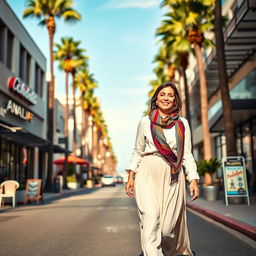 A Jewish woman walking gracefully down a lively Los Angeles street, dressed in elegant traditional attire, including a modest blouse and long skirt, complemented by a colorful scarf