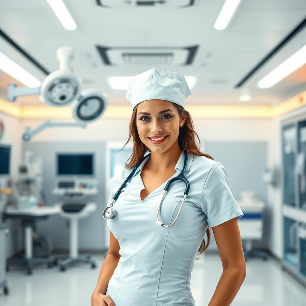 A confident and alluring sexy nurse standing in a modern, well-lit medical facility