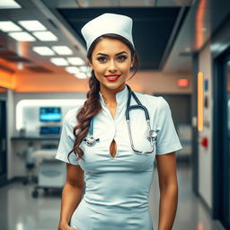 A confident and alluring sexy nurse standing in a modern, well-lit medical facility