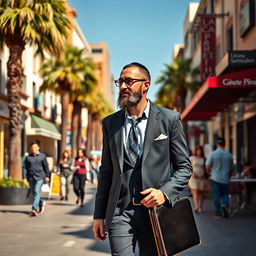 A Jewish man walking confidently down a bustling Los Angeles street, dressed in a stylish combination of traditional attire, including a kippah and a modern blazer