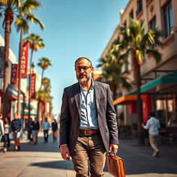 A Jewish man walking confidently down a bustling Los Angeles street, dressed in a stylish combination of traditional attire, including a kippah and a modern blazer