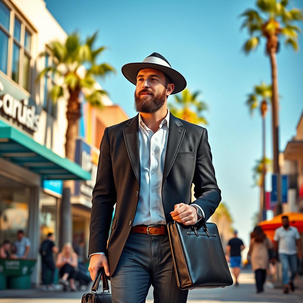 A Jewish man walking confidently down a bustling Los Angeles street, dressed in a stylish combination of traditional attire, including a kippah and a modern blazer