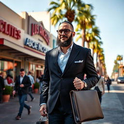 A Jewish man walking confidently down a bustling Los Angeles street, dressed in a stylish combination of traditional attire, including a kippah and a modern blazer