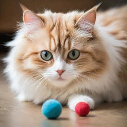 A wonderfully vibrant image of a fluffy, playful cat with bright, curious eyes, poised as if about to pounce on a toy.