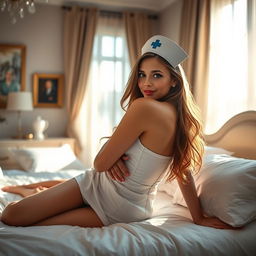 A young European woman with long flowing hair, lounging in a sunlit bedroom, wearing a sexy nurse outfit that accentuates her figure