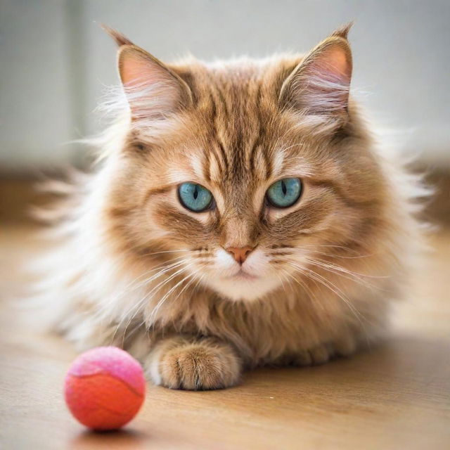 A wonderfully vibrant image of a fluffy, playful cat with bright, curious eyes, poised as if about to pounce on a toy.